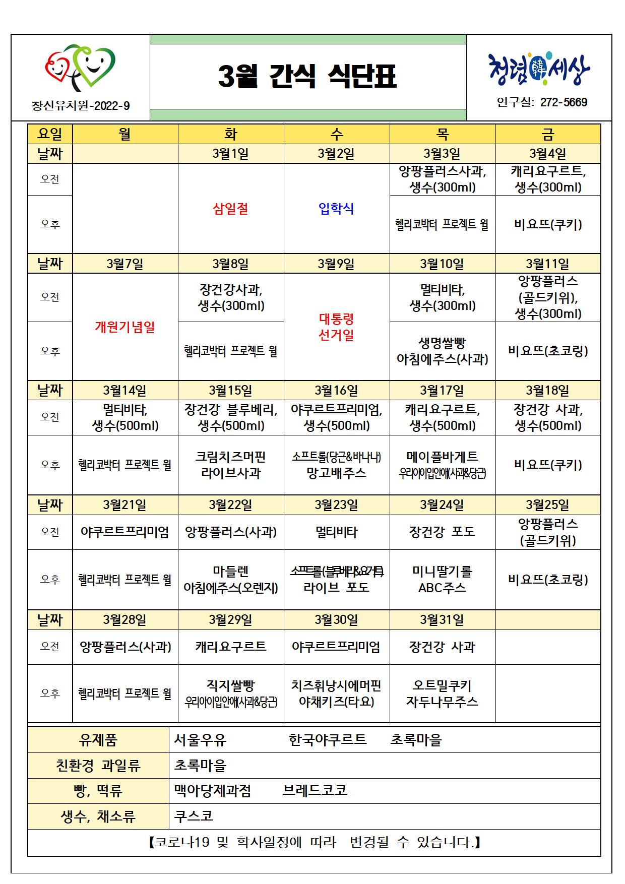 (붙임2) 2022. 3월 간식 식단표001