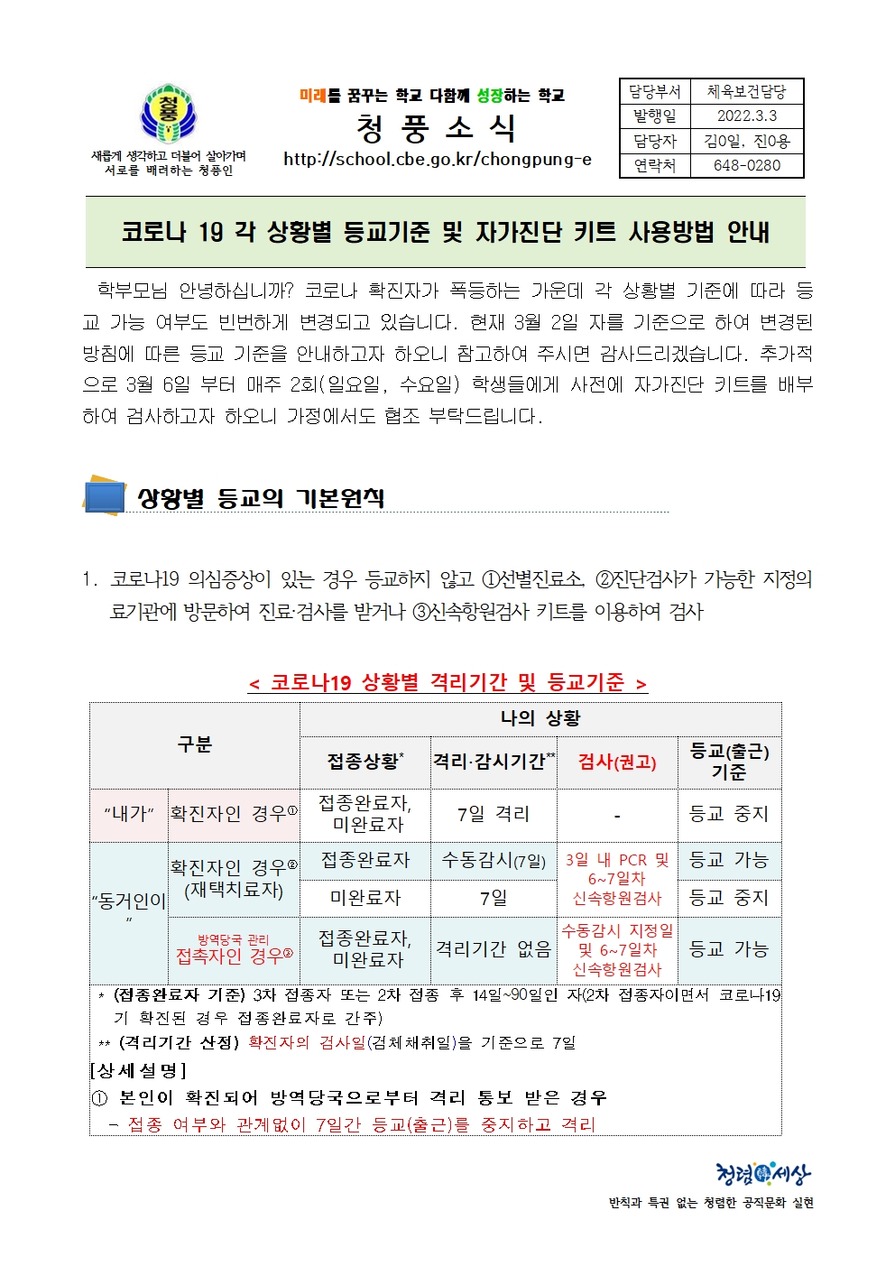 (가정통신문)코로나 19 각 상황별 등교기준 및 자가진단 키트 사용방법 안내001