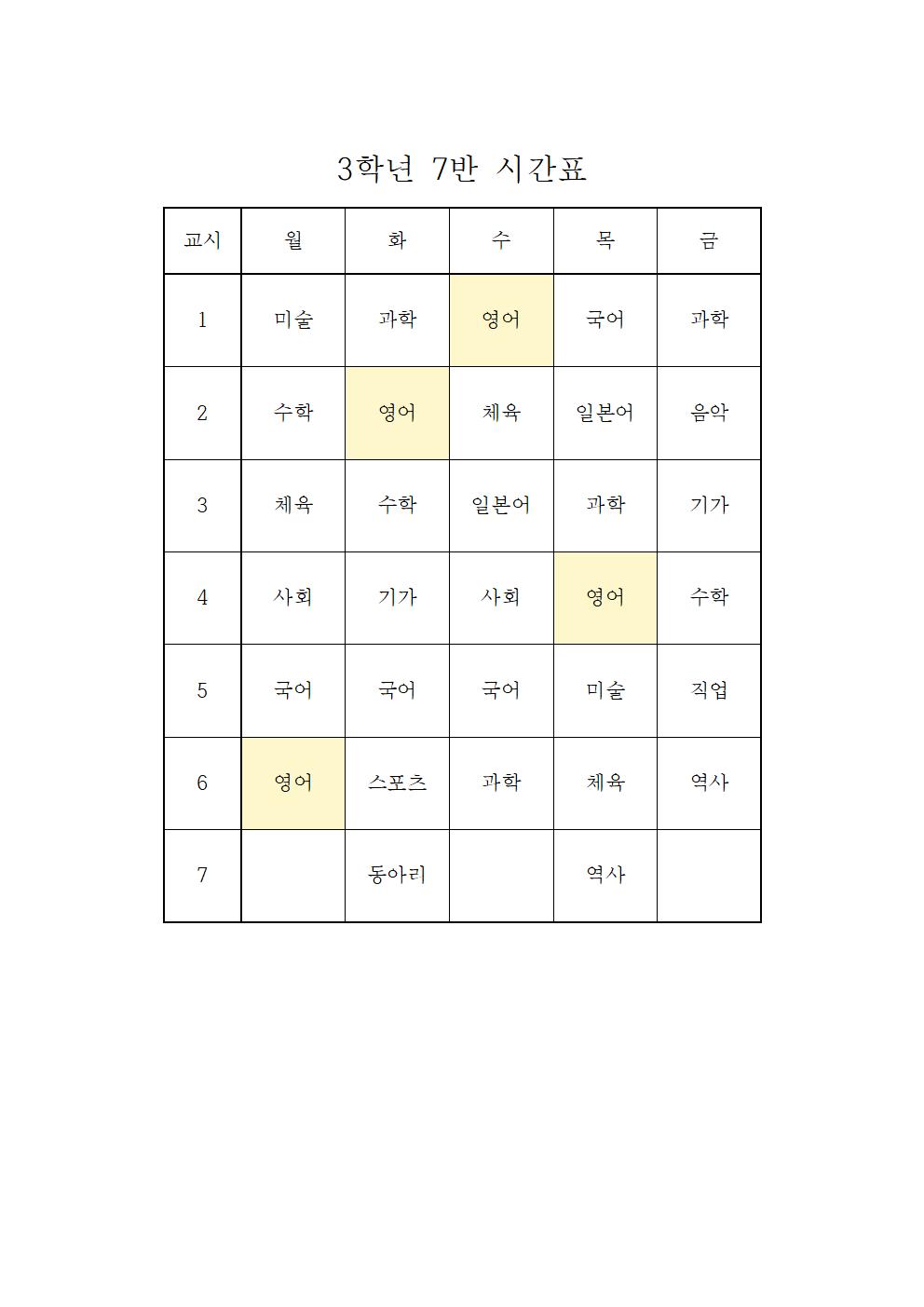 2022. 1학기 학급시간표(확정본)022