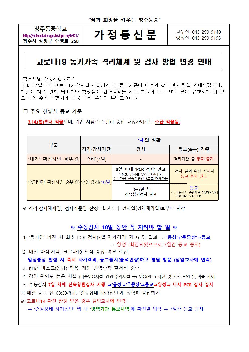 코로나19 동거가족 격리체계 및 검사 방법 변경 안내001