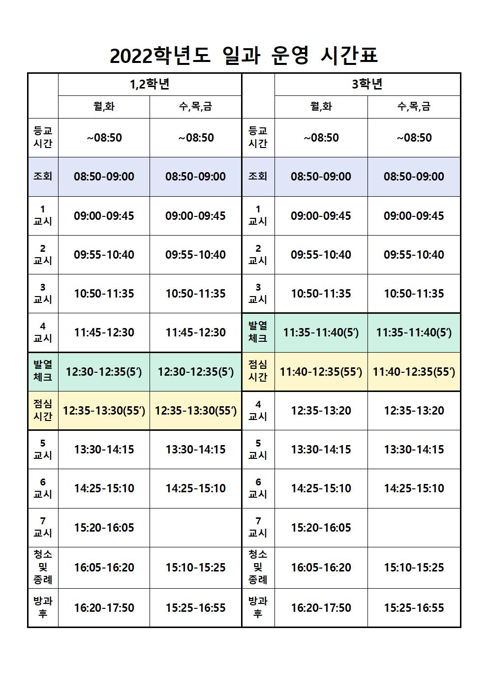 2022학년도 일과 운영 시간표