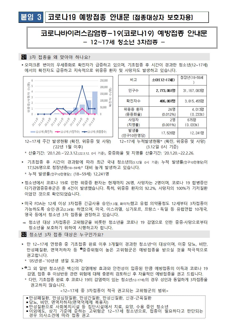 청소년 코로나19 3차 예방접종 시행 안내 가정통신문005