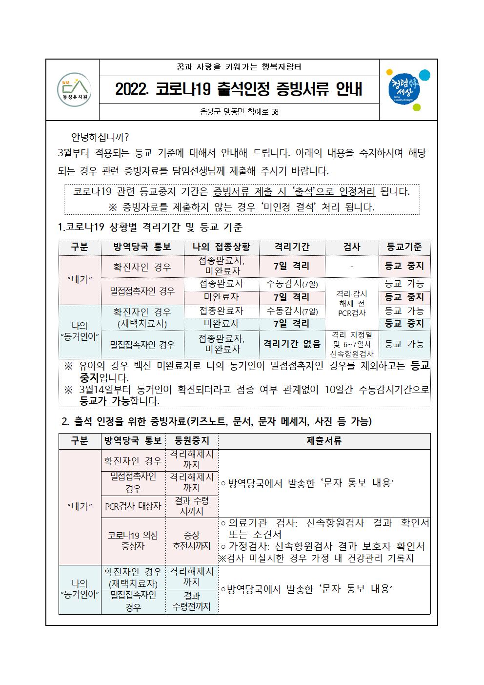 2022.코로나19 출석인정 증빙서류 안내001