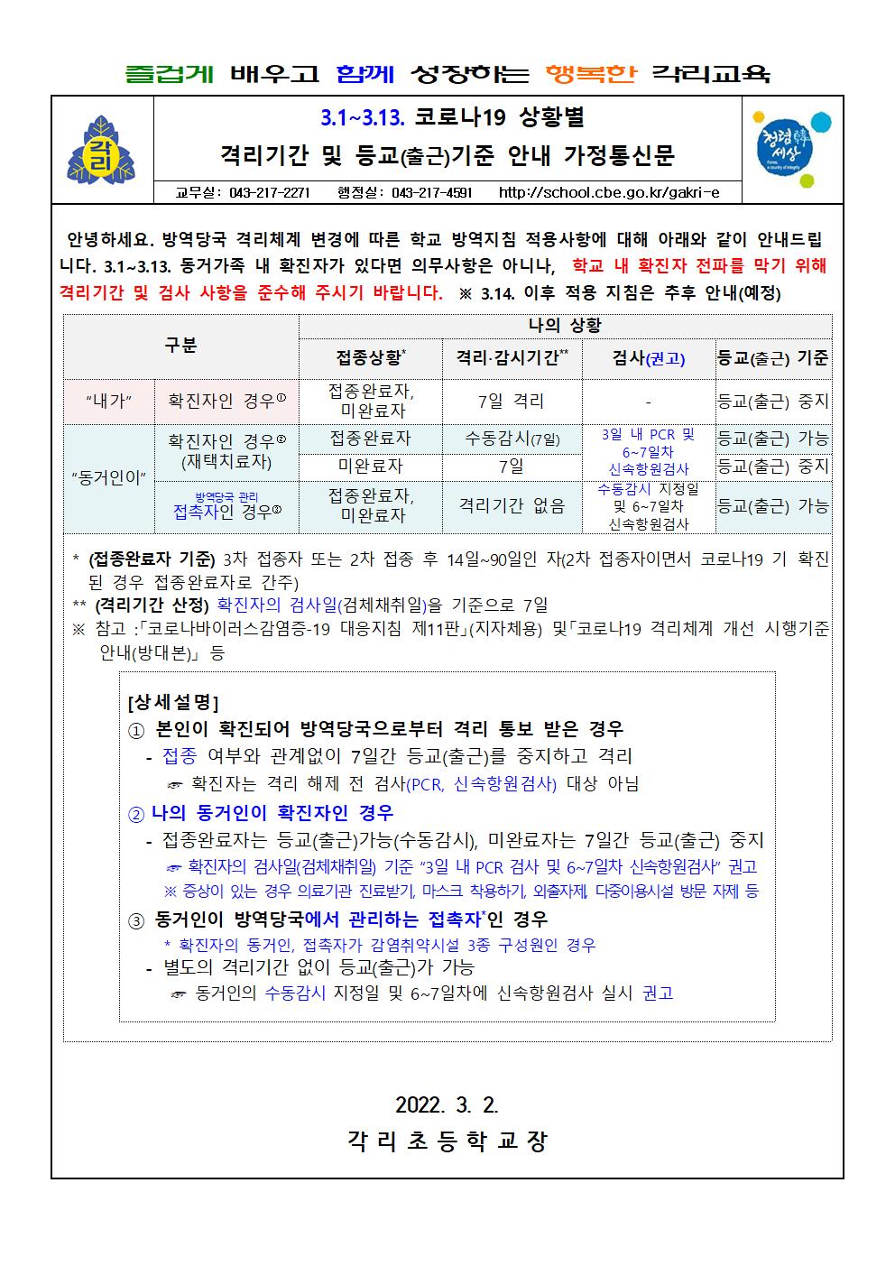 코로나19 상황별 격리기간 및 등교기준 가정통신문001