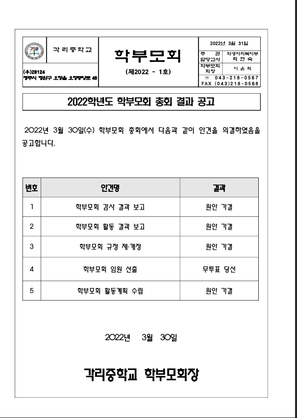 2022학년도 학부모회 총회 결과 공고