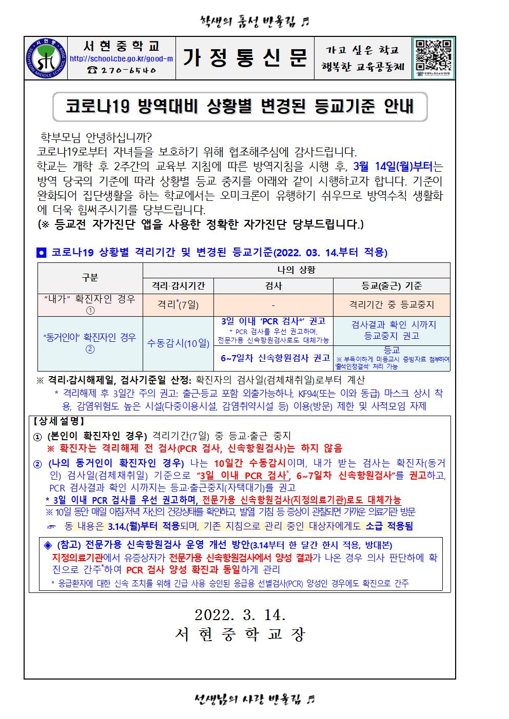 2022. 코로나19 방역대비 상황별 변경된 등교기준 안내001