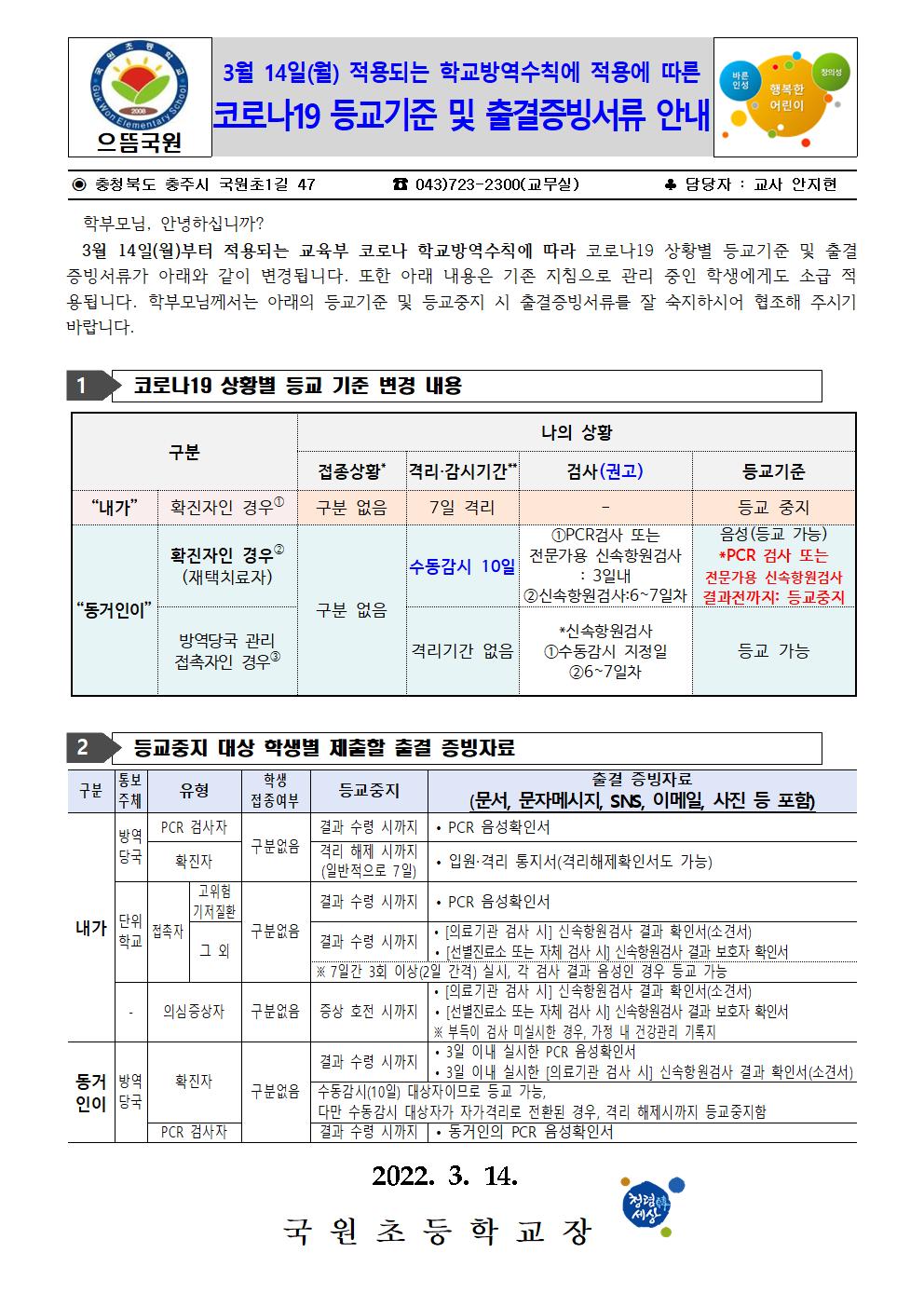 3월 14일 학교방역수칙 적용에 따른 등교기준 안내장001