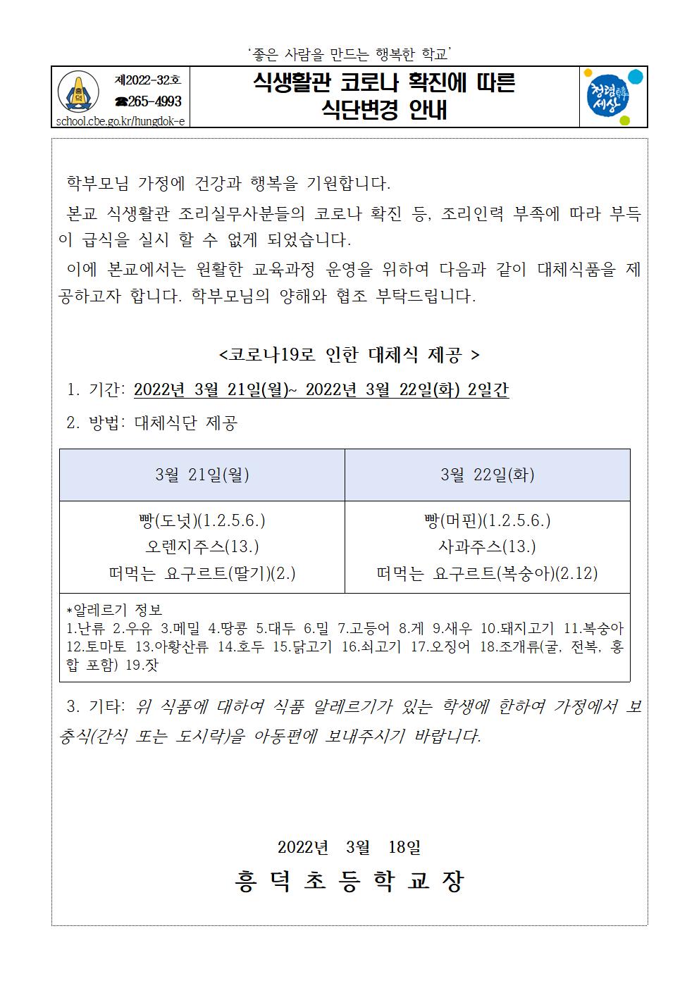 2022. 코로나 확진에 따른 식단변경 안내 가정통신문001