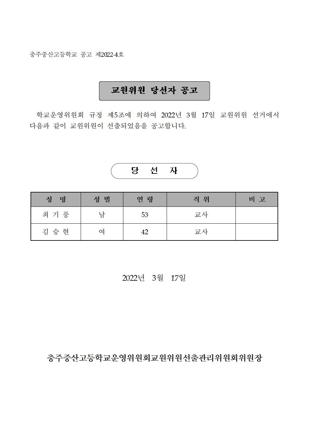 교원위원당선공고문