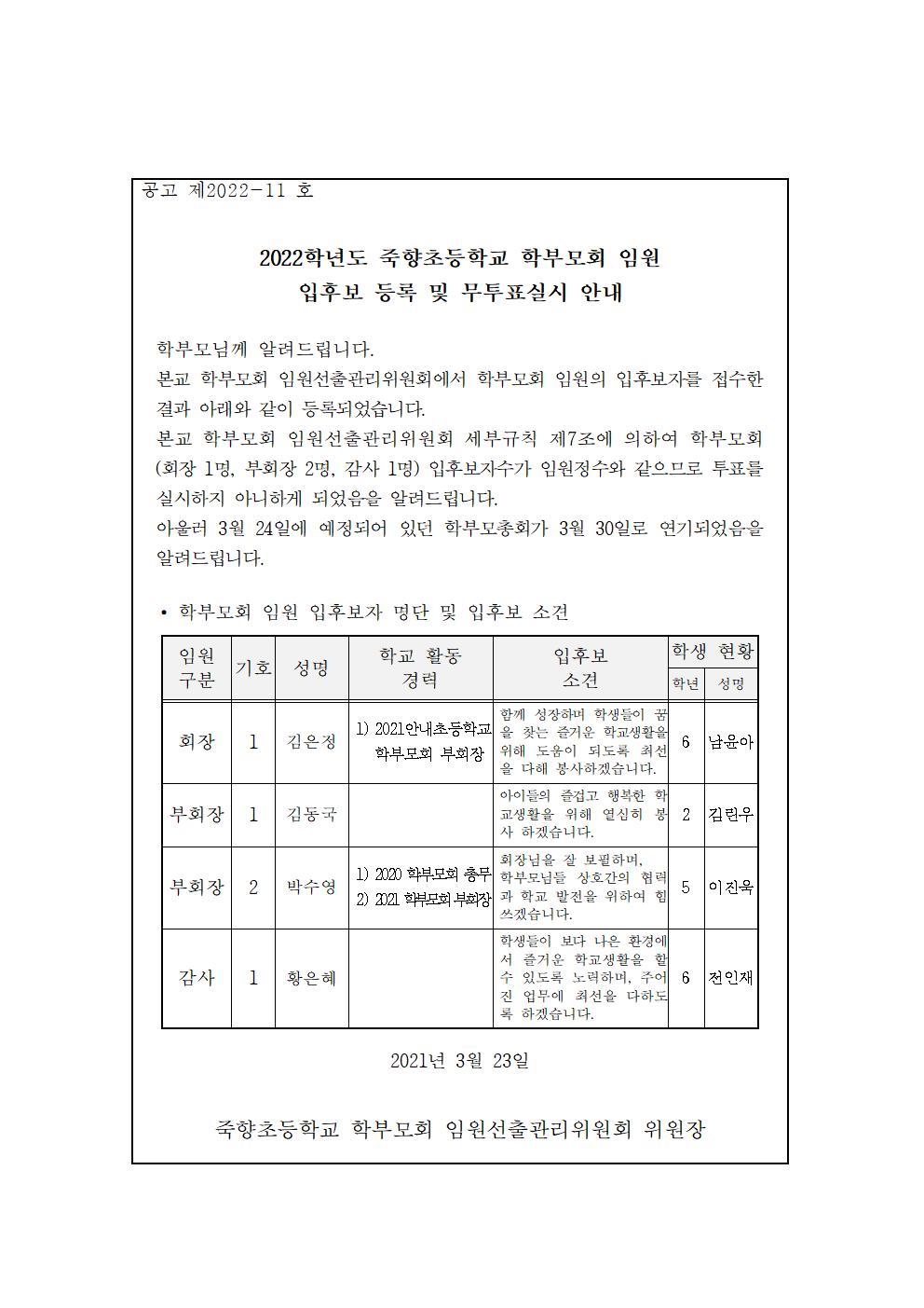 학부모회 임원 입후보등록 및 무투표실시 안내001