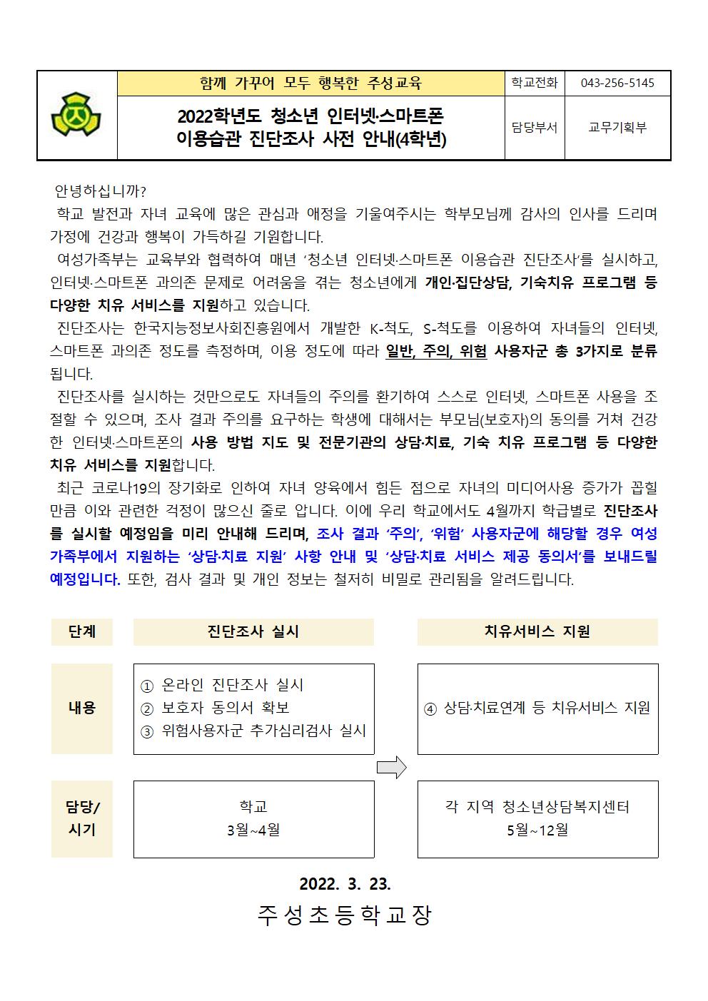 2022년 청소년 인터넷·스마트폰 이용습관 진단조사 사전 안내(4학년)001