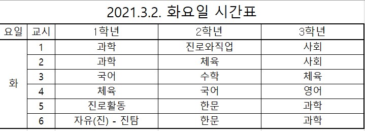 3월 2일 화요일 시간표