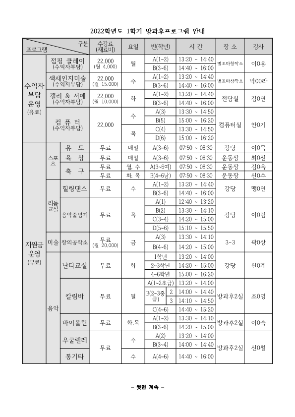 2022. 1학기 방과후학교 수강 신청 안내_2