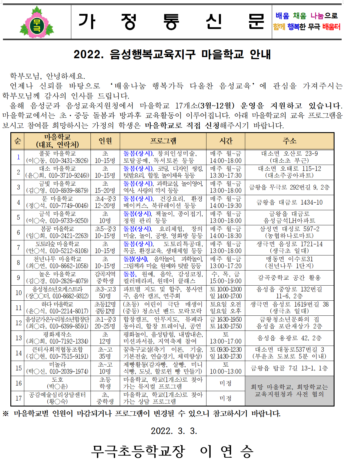 2022. 음성행복교육지구 마을학교 안내