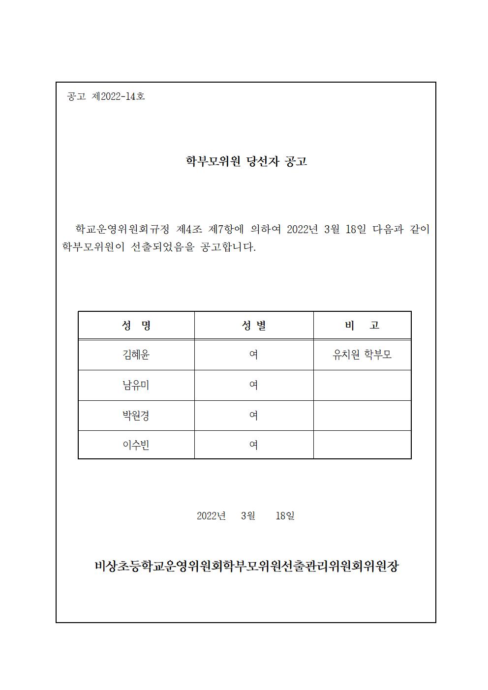 학부모위원 당선자 공고문001