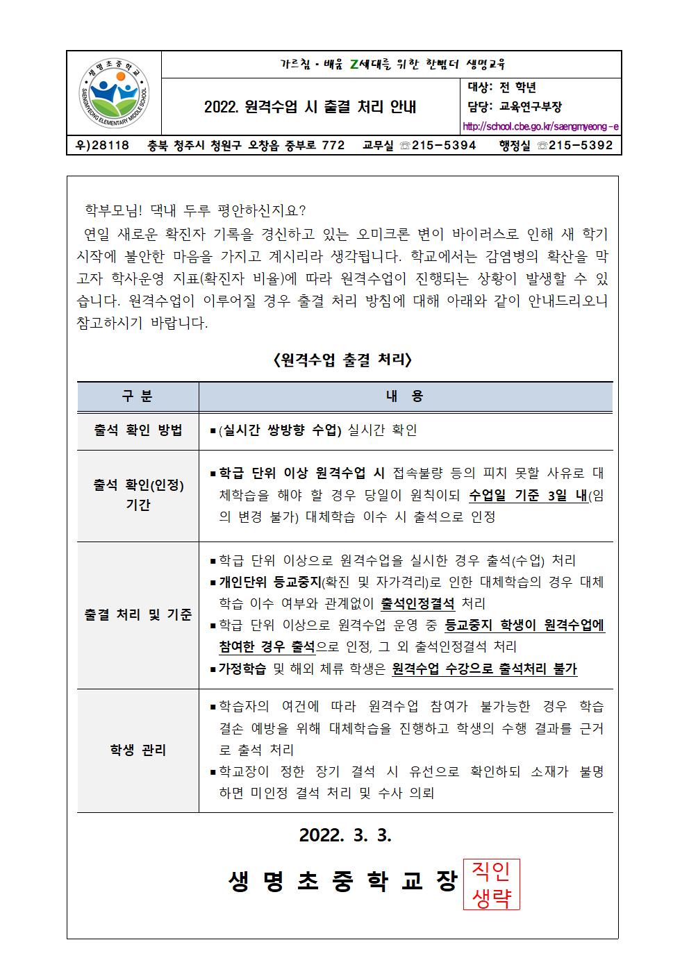 2022. 원격수업 출결처리 안내 가정통신문001