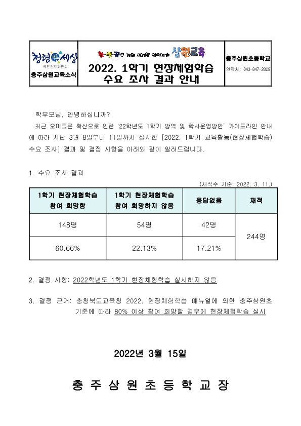 2022. 1학기 현장체험학습 수요 조사 결과 가정통신문_1