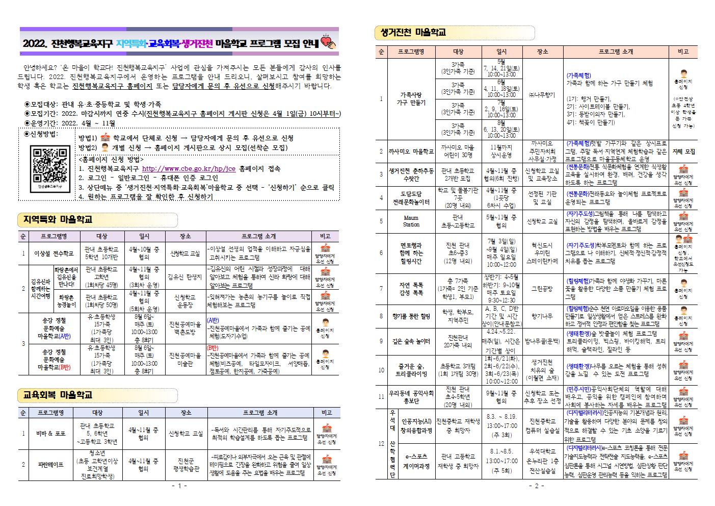 2022. 진천행복교육지구 지역특화·교육회복·생거진천 마을학교 프로그램 모집 안내