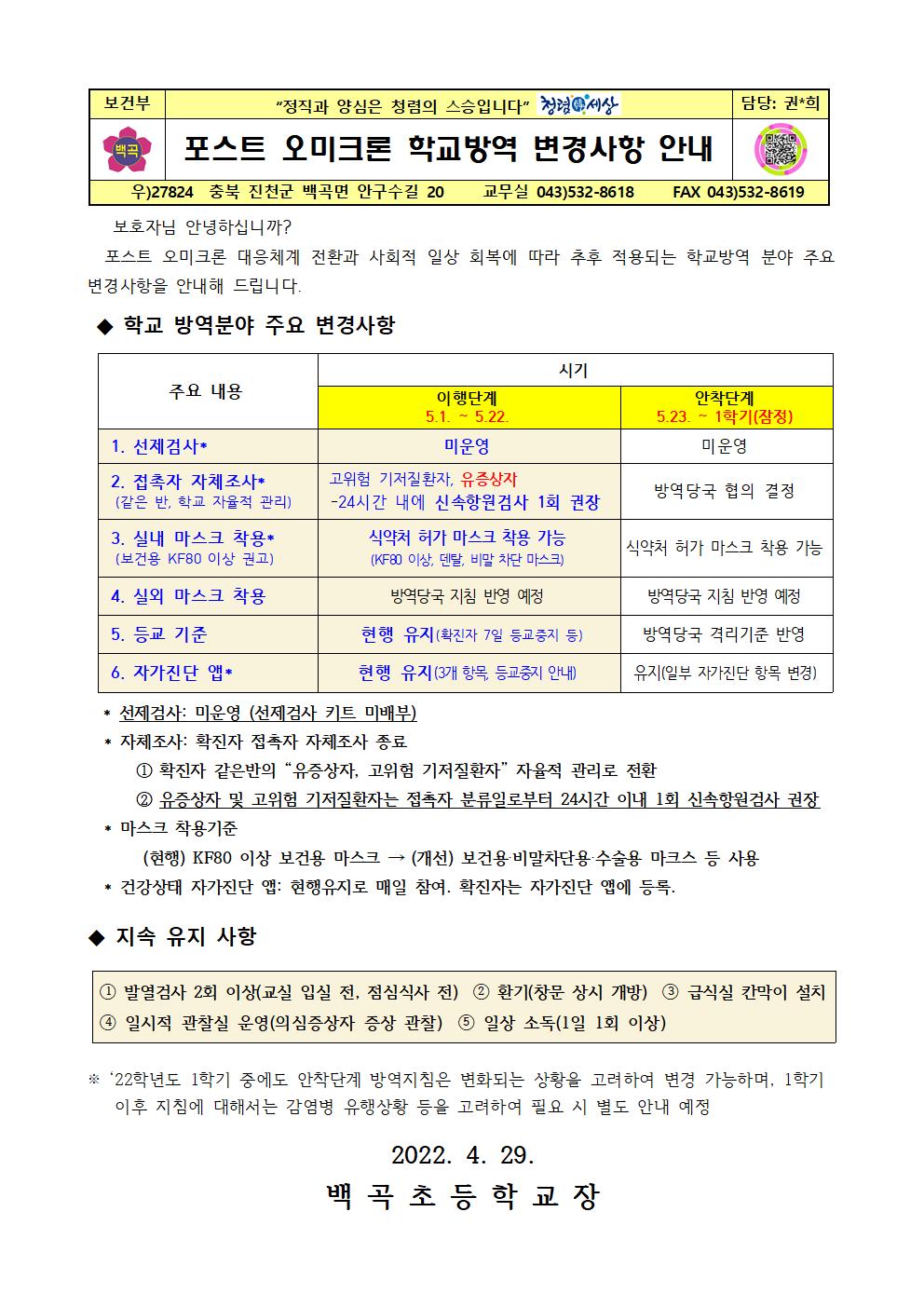 포스트 오미크론 학교방역 변경사항 안내(2022. 4. 29)001