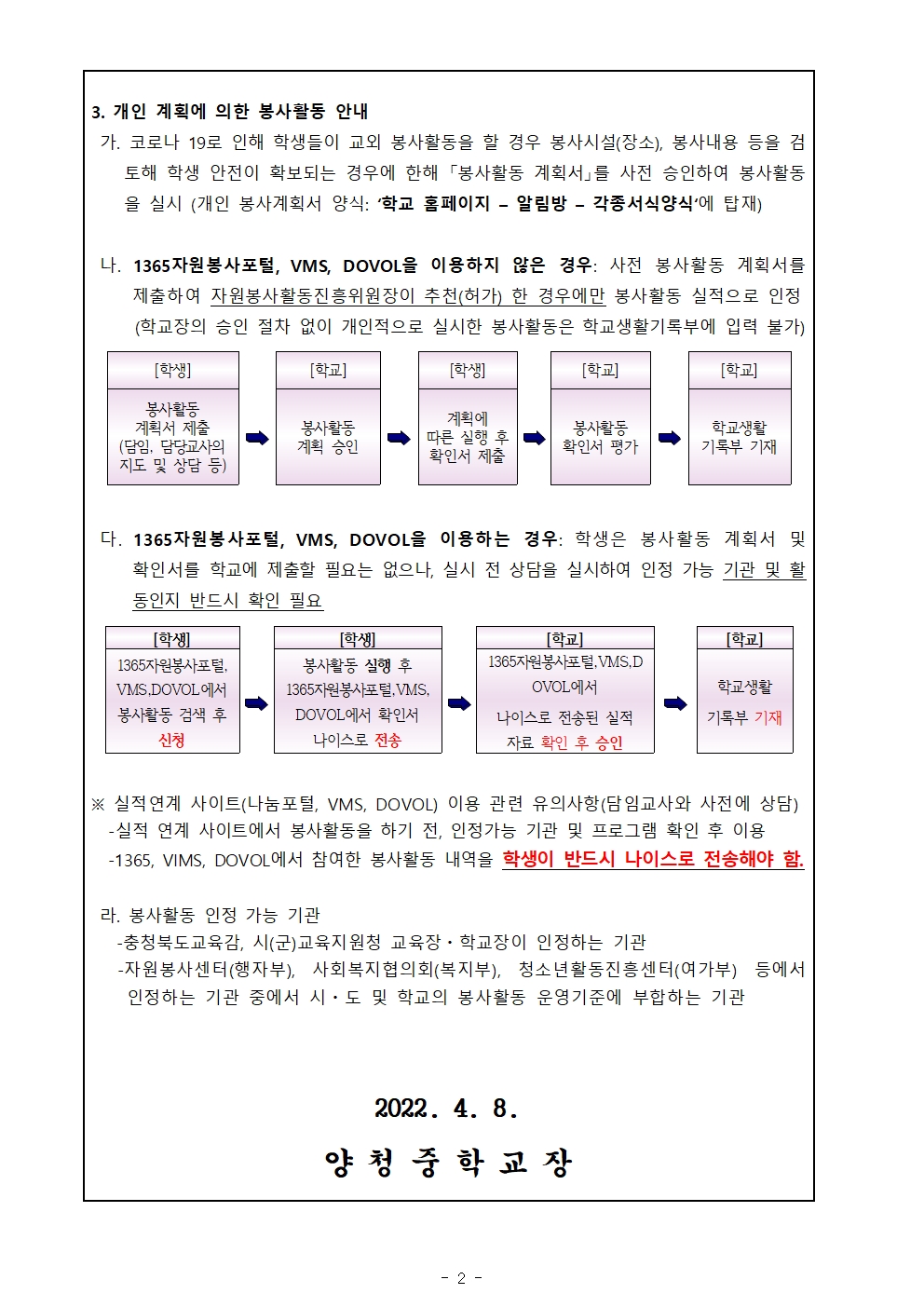 2022. 학생자원봉사활동 운영 안내 가정통신문002