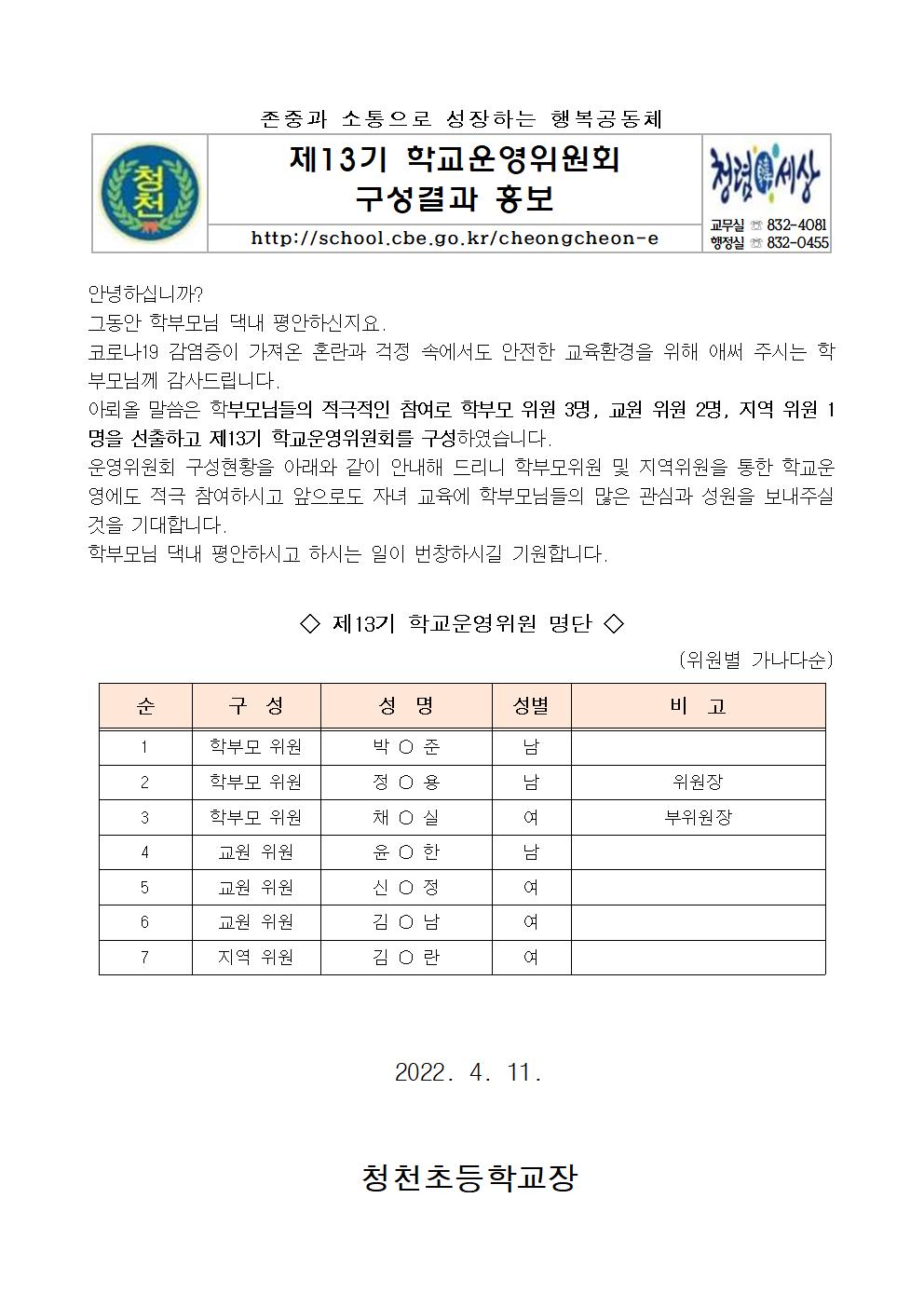 제13기 학교운영위원회 구성결과 홍보 안내장001