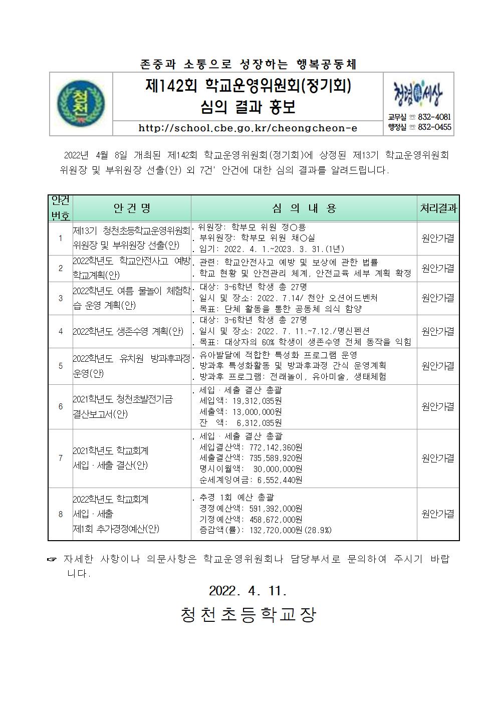 제142회 학교운영위원회(정기회) 심의 결과 홍보 안내장001