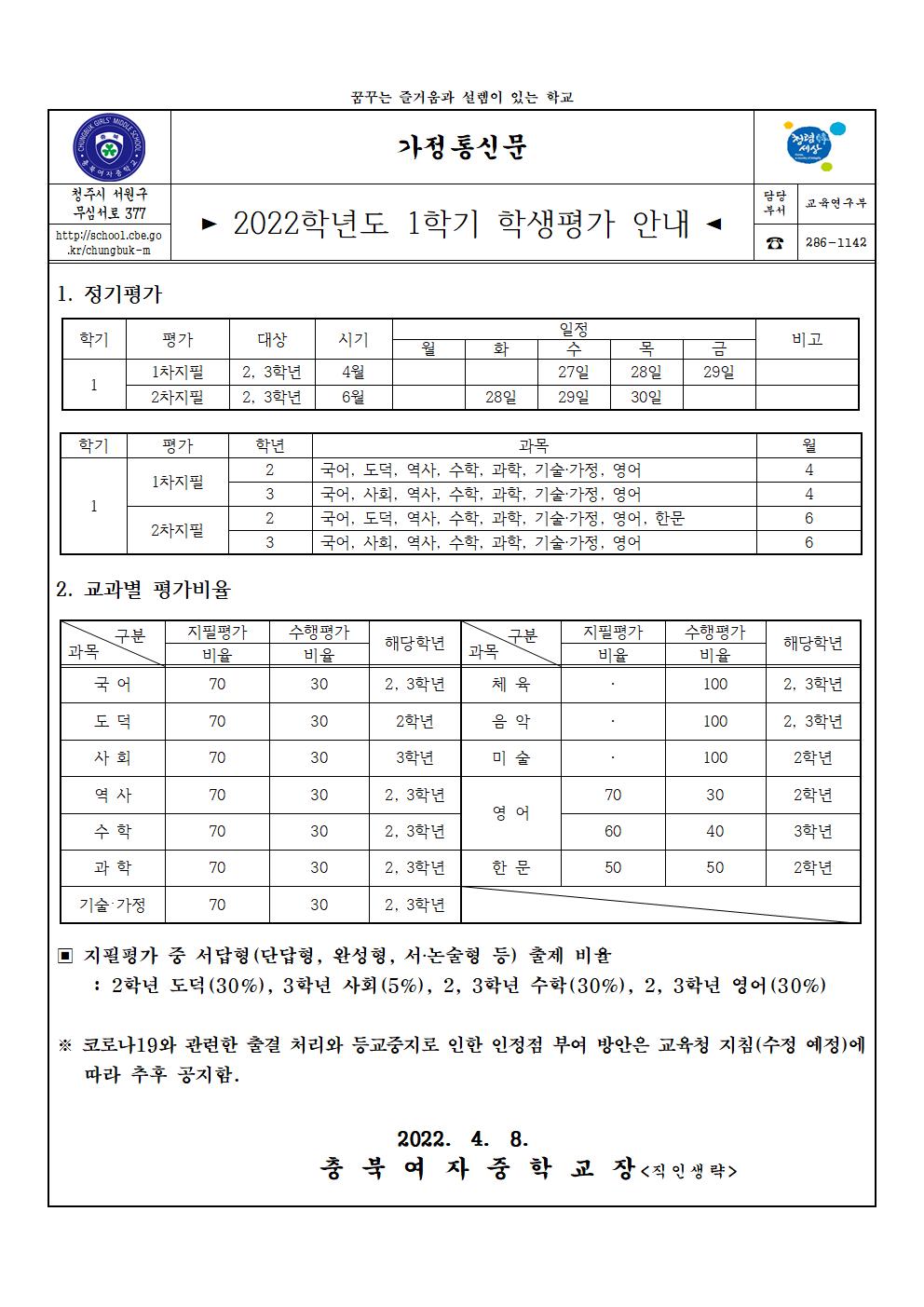 2022학년도 1학기 학생평가 안내(가정통신문-수정)001