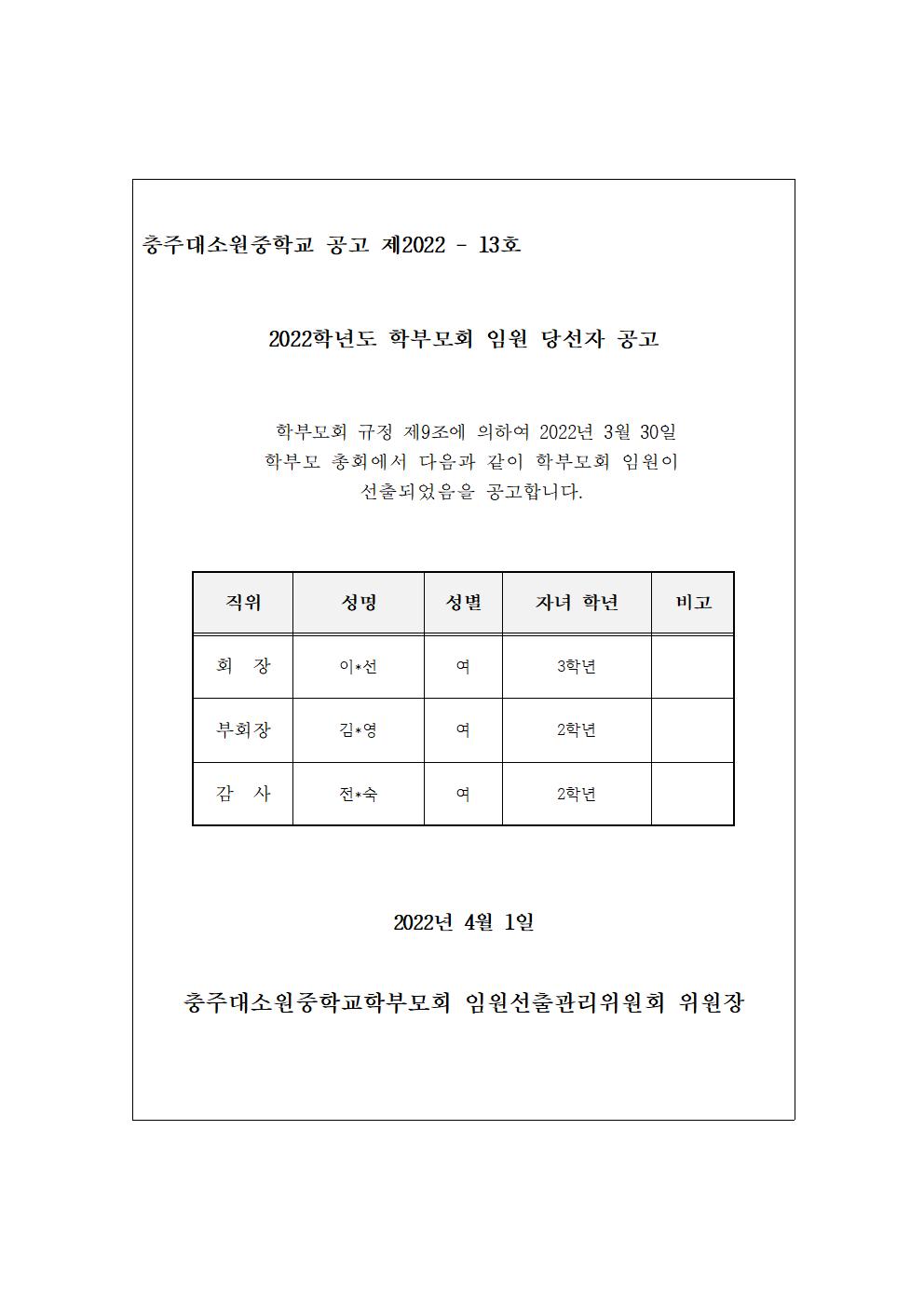 학부모회 임원 당선자 공고문001