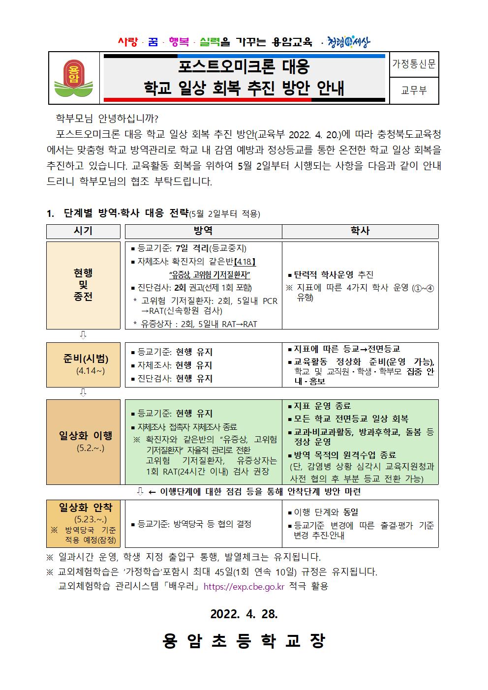 포스트오미크론 대응 학교 일상 회복 방안 가정통신문001