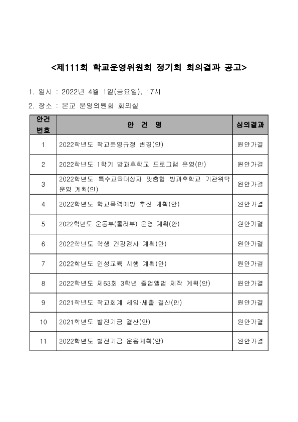 제111회 정기회 회의결과 공고