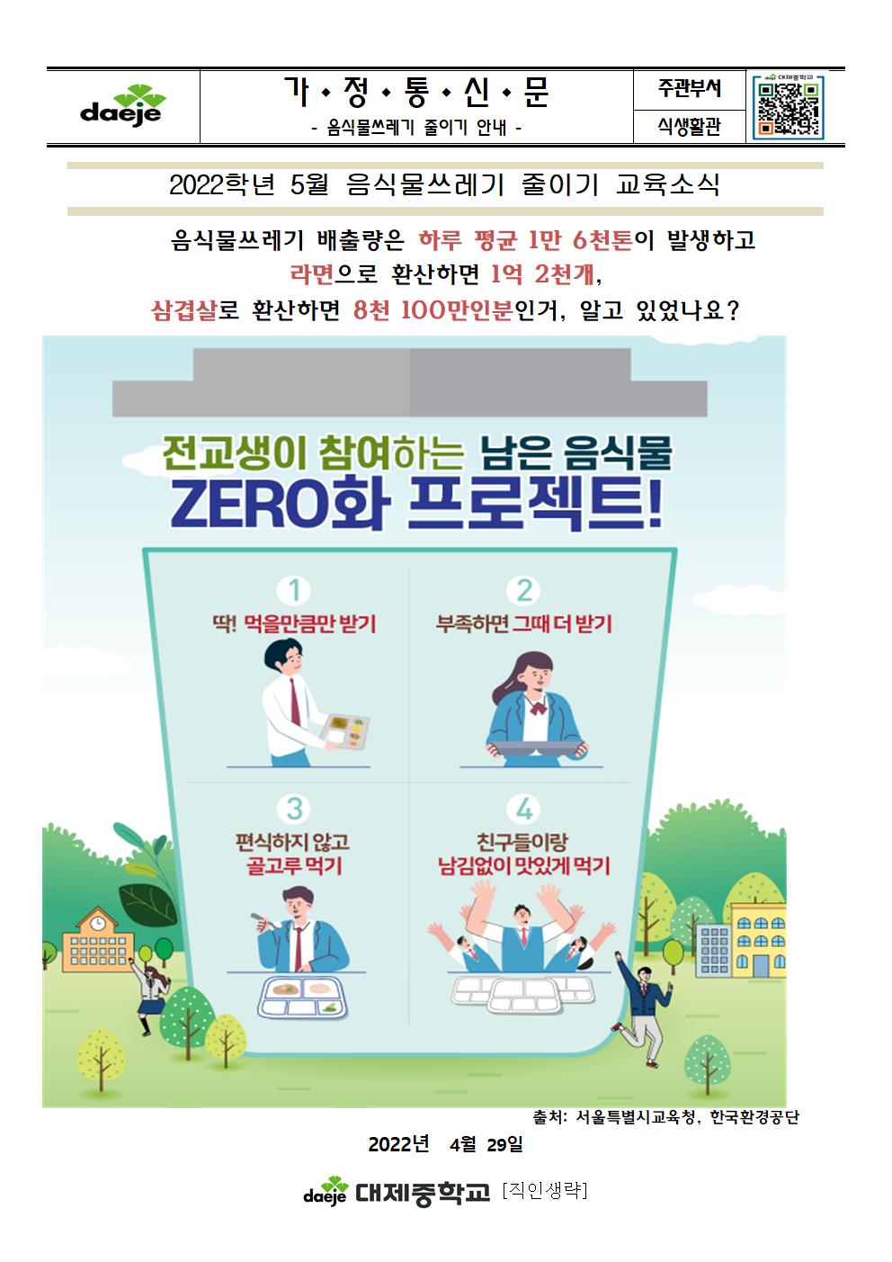 [가정통신문] 2022. 5월 음식물쓰레기 교육소식001