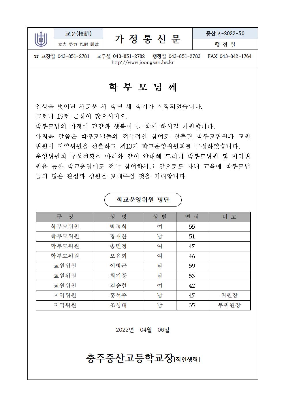 제13기 학교운영위원당선가정통신문