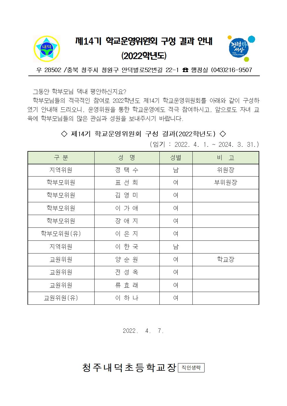 제14기 청주내덕초등학교운영위원회 구성 결과 홍보(2022학년도)-가정통신문001