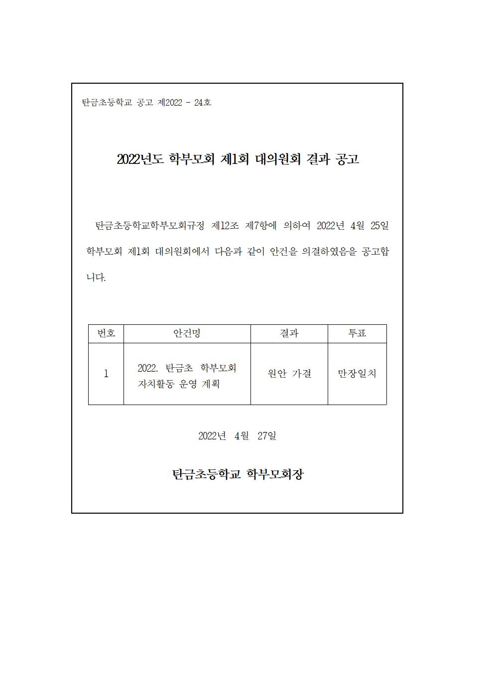 2022. 제1회 탄금초 학부모회 대의원회 결과 공고001