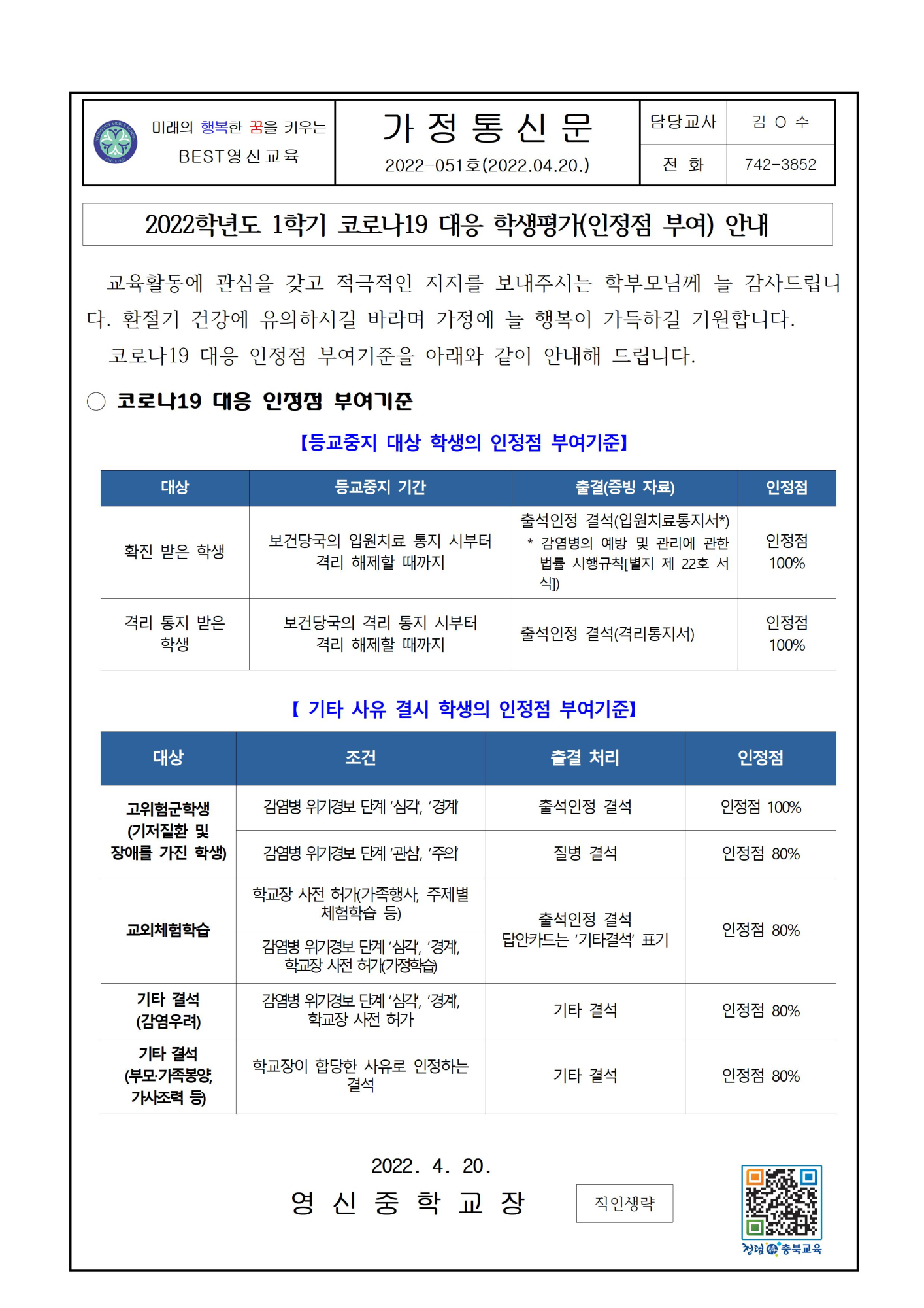 2022학년도 1학기 코로나19 대응 학생평가(인정점 부여) 안내001