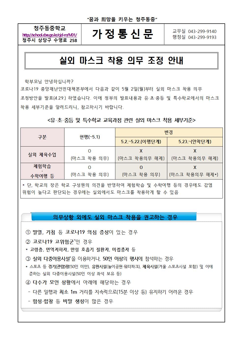 실외 마스크 착용 의무 조정 안내001