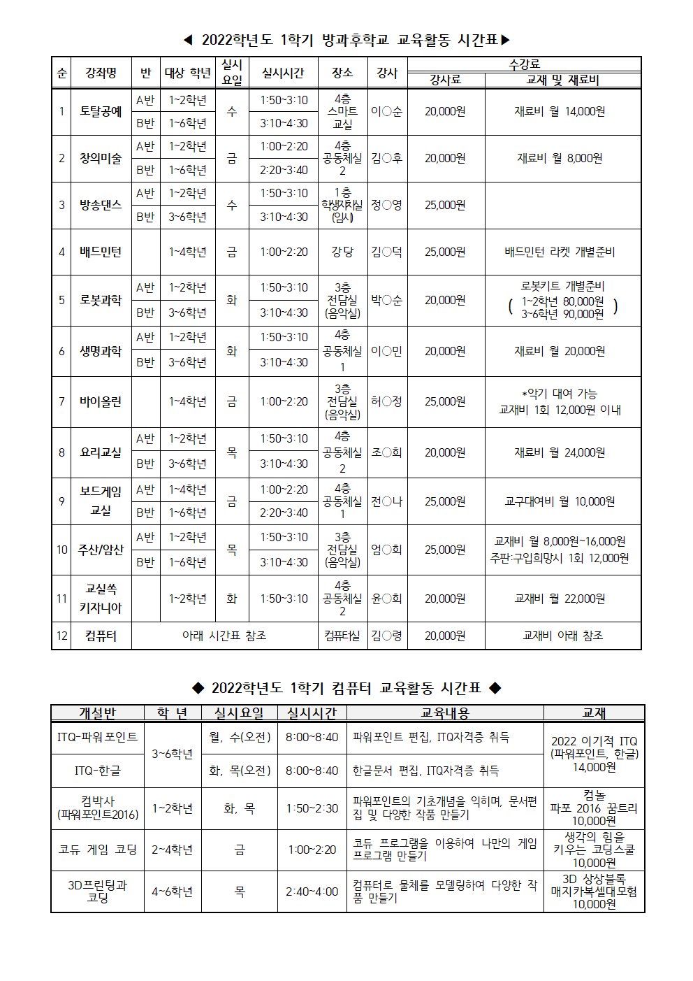 2022. 1학기 방과후학교 시간표(05.09.)001