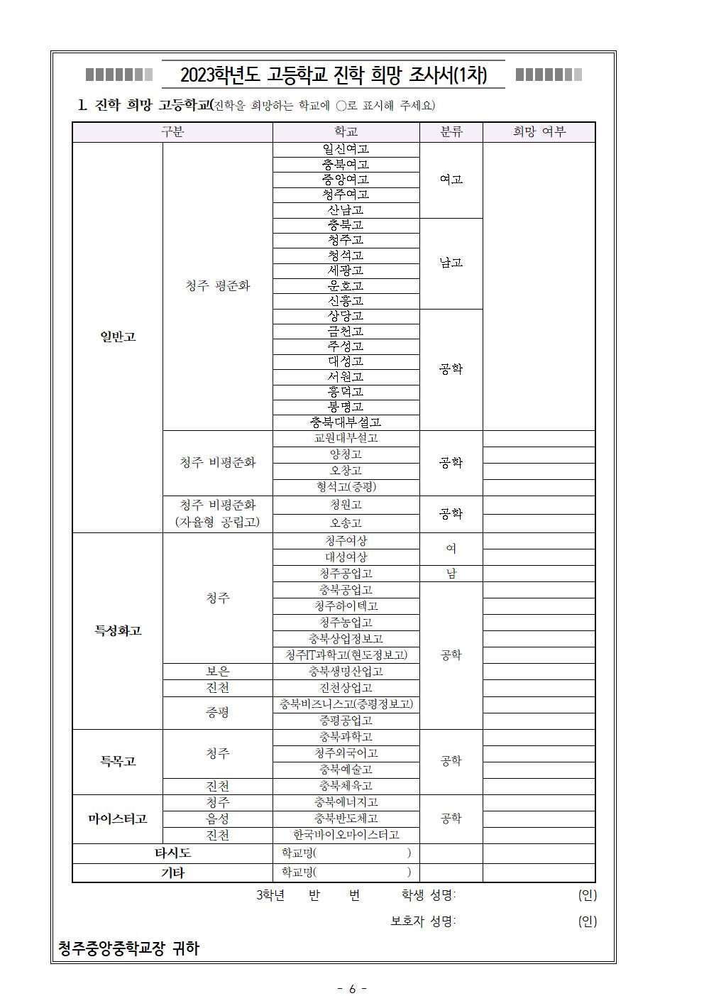 2023학년도 고등학교 입학전형 기본 계획 안내 및 고등학교 진학 희망학교조사 가정통신문(1)006