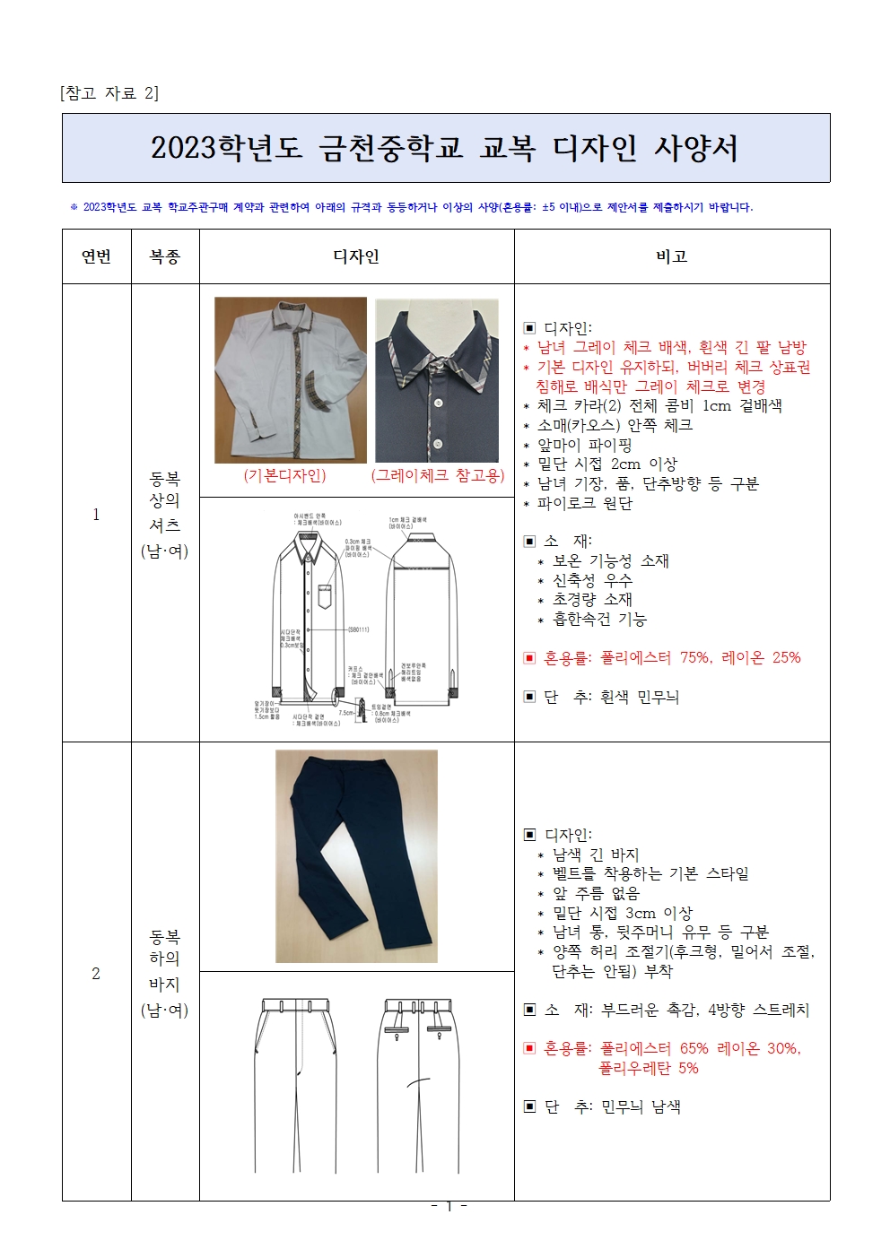 2023학년도 금천중학교 교복 디자인 사양서001