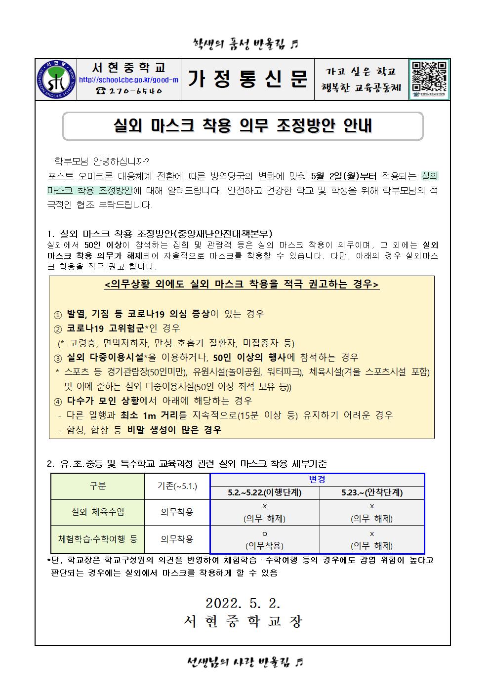 실외 마스크 착용 의무 조정방안 안내001