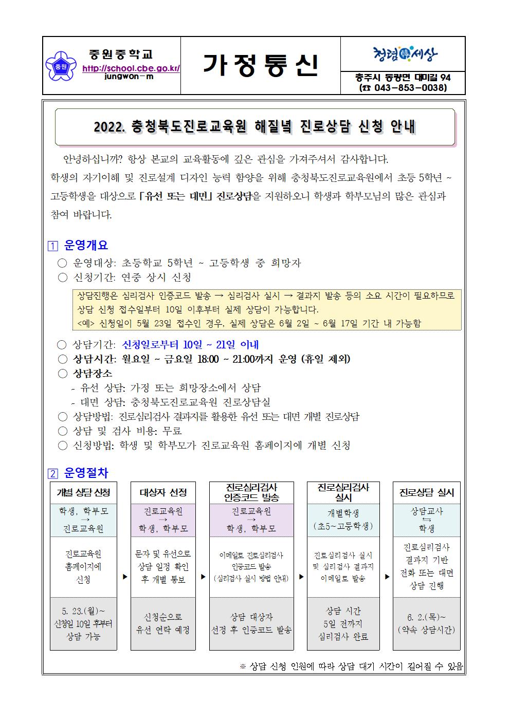 가정통신문(2022. 충청북도진로교육원 해질녘 진로상담 신청 안내)001