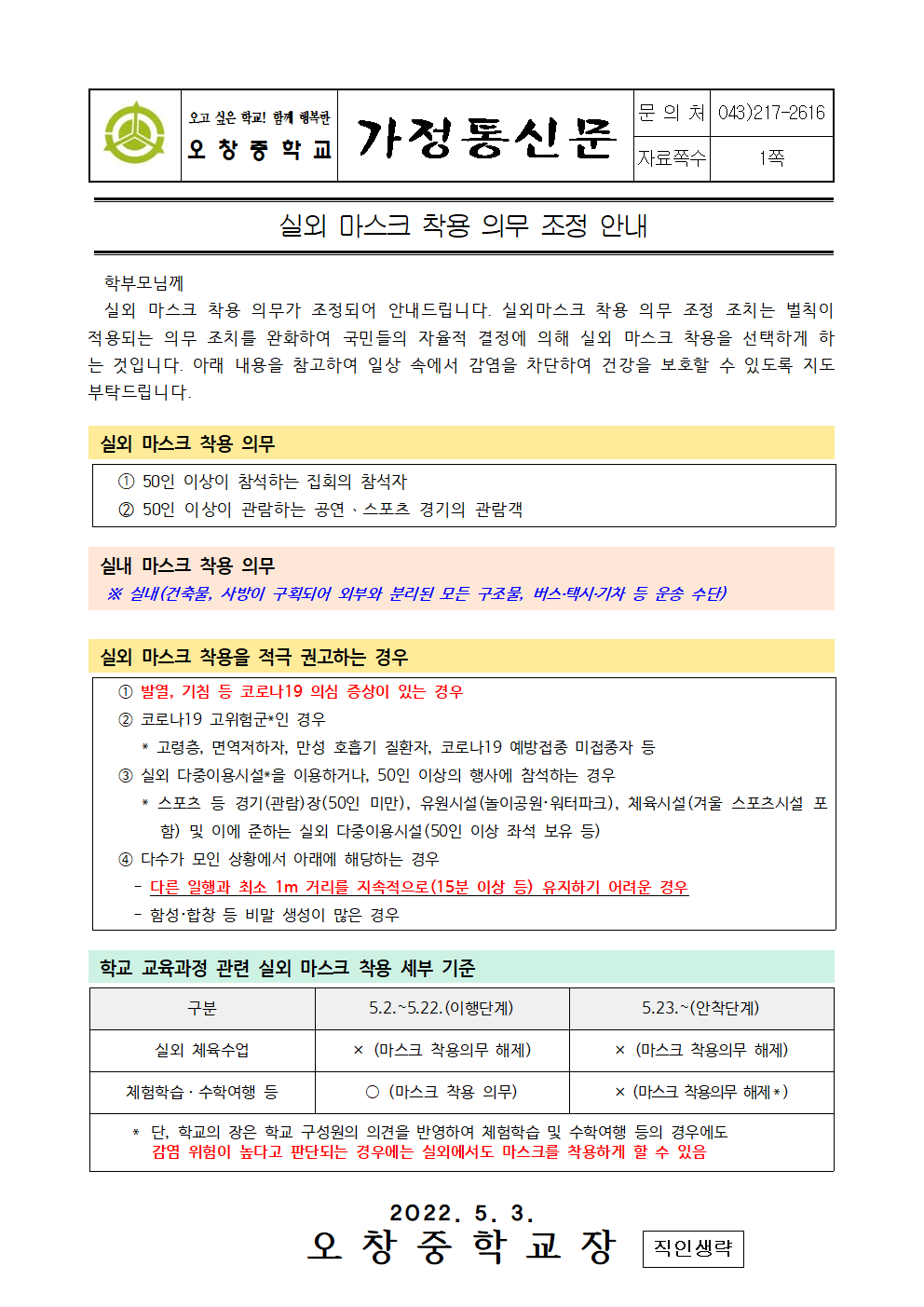 2022_실외 마스크 착용 의무 조정 안내001