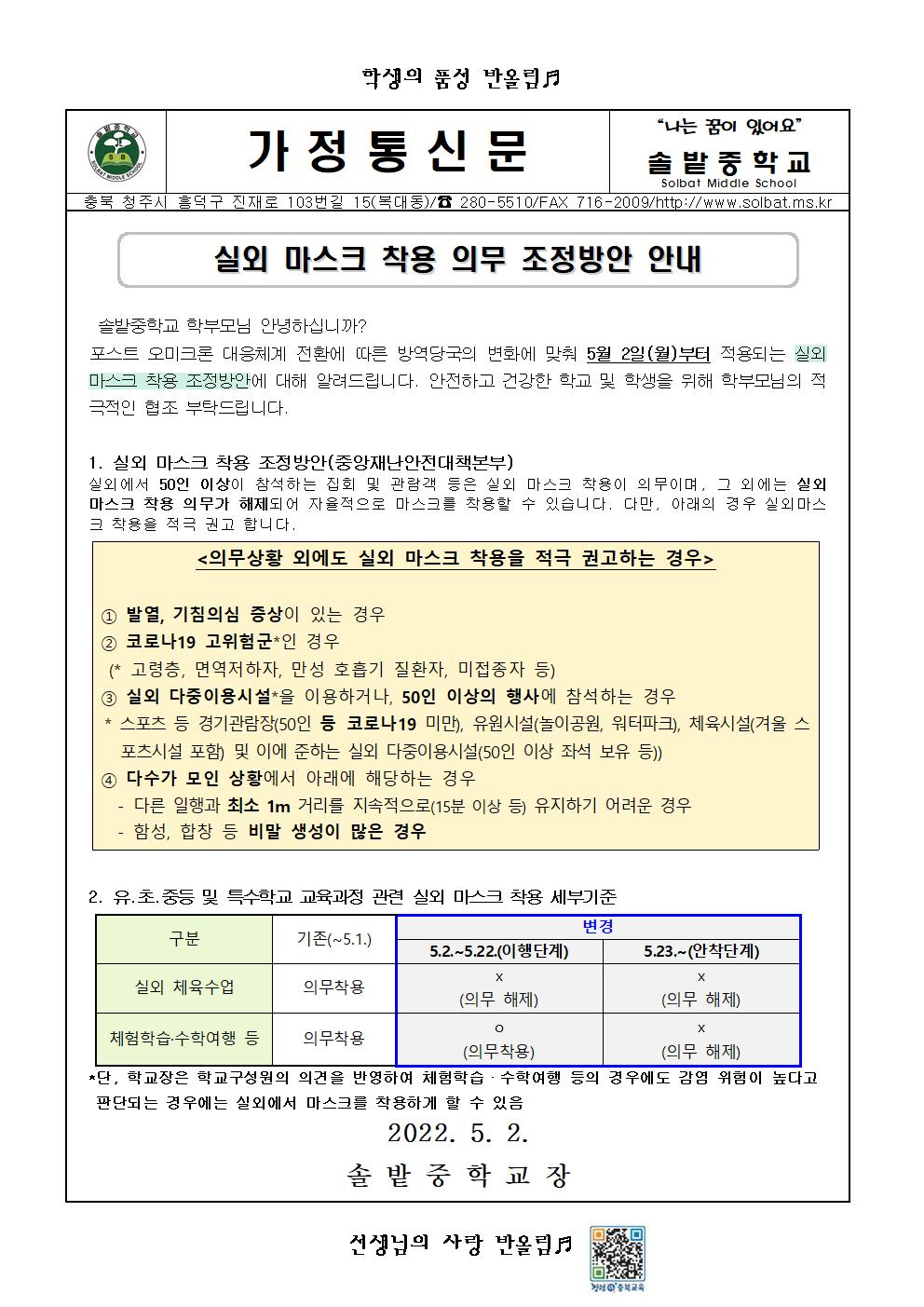 실외 마스크 착용 의무 조정방안 안내001