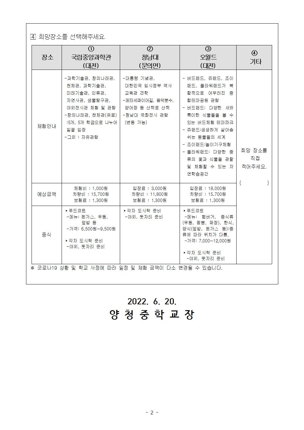 가정통신문(2022. 2학년 2학기 현장체험학습 참여 희망 조사)002