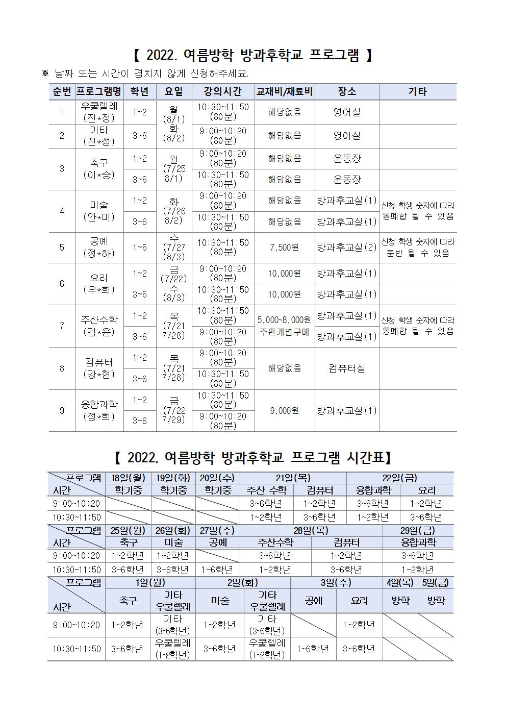 가정통신문(2022년 여름방학 방과후학교 모집)002