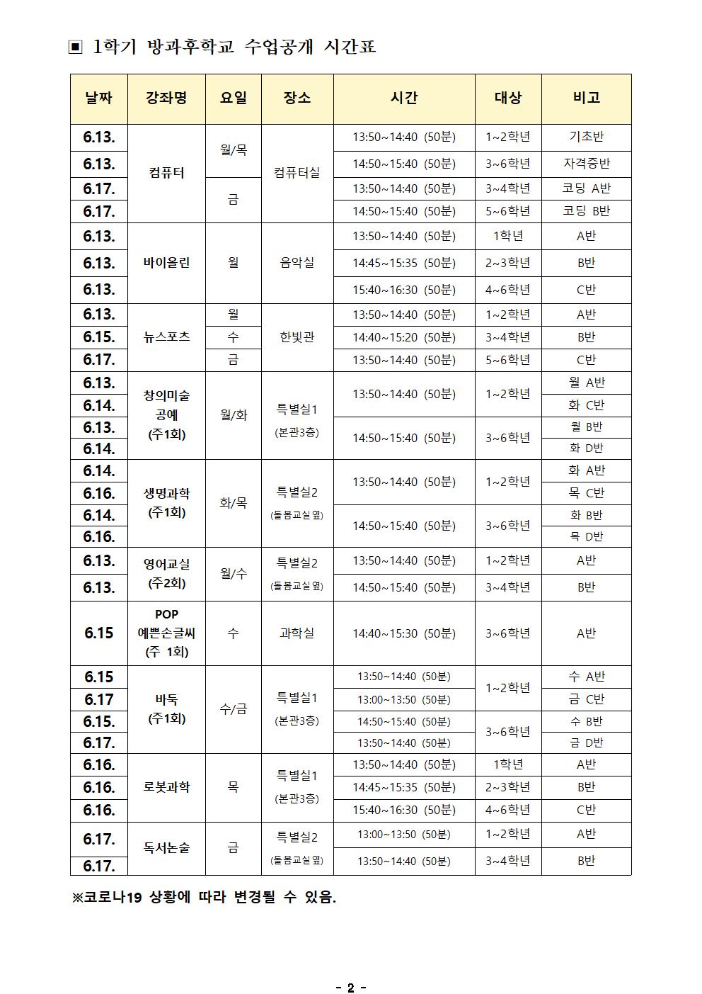 2022. 1학기 방과후학교 수업공개 안내 가정통신문002