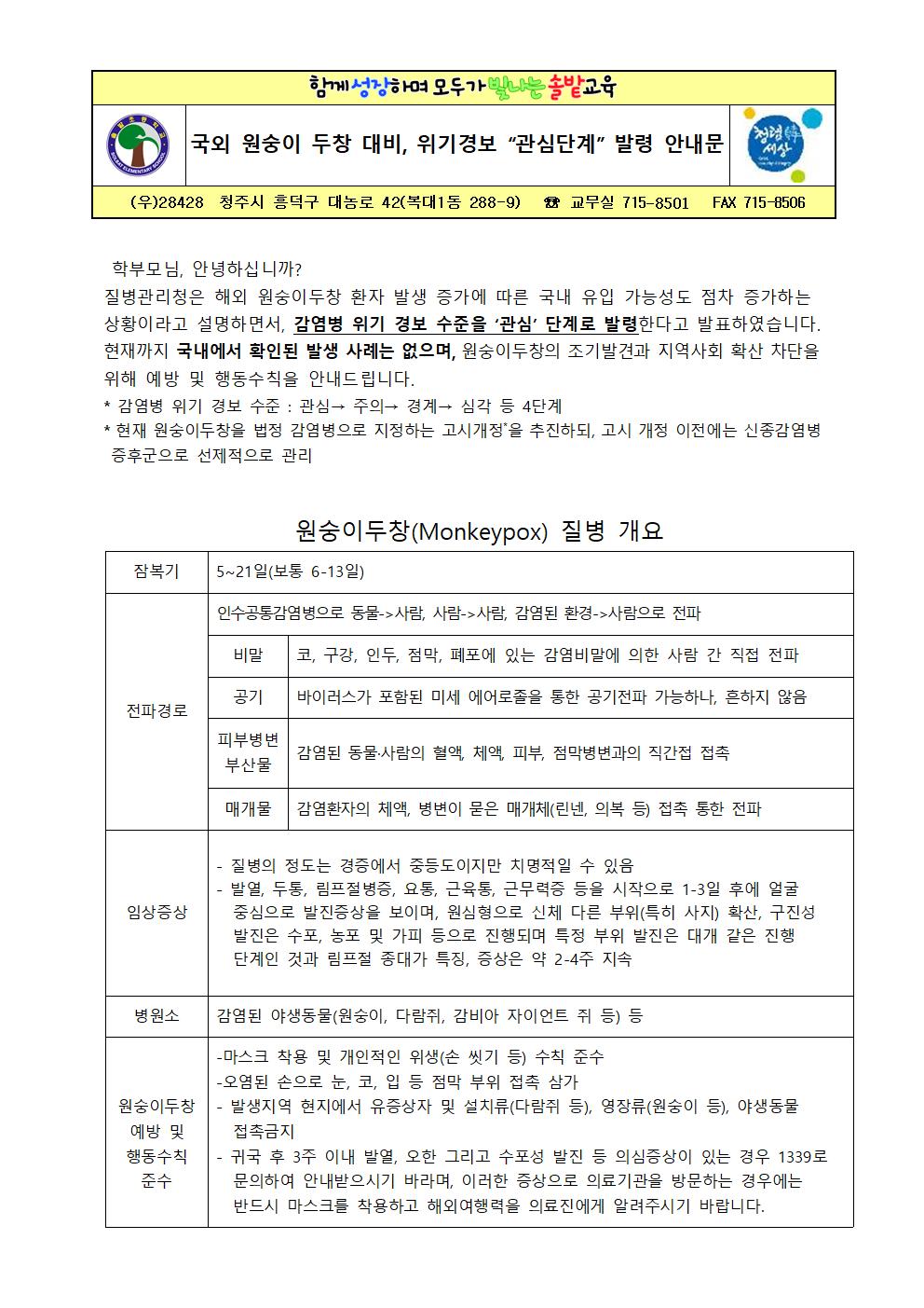 국외 원숭이 두창 대비, 위기경보 관심단계 발령 안내문001