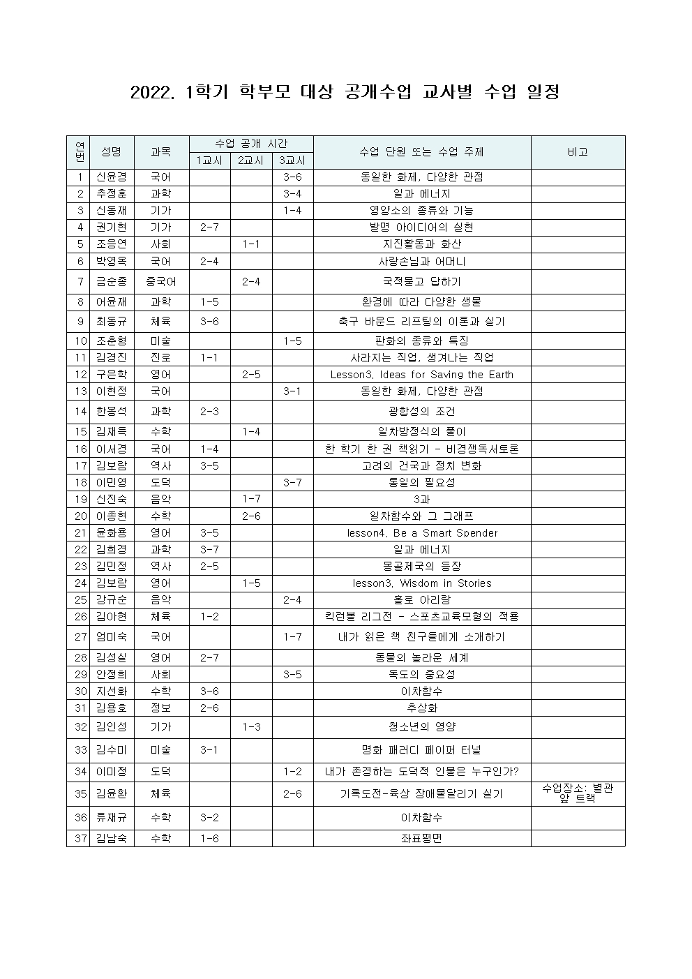 2022. 1학기 학부모 대상 공개수업 안내 가정통신문002