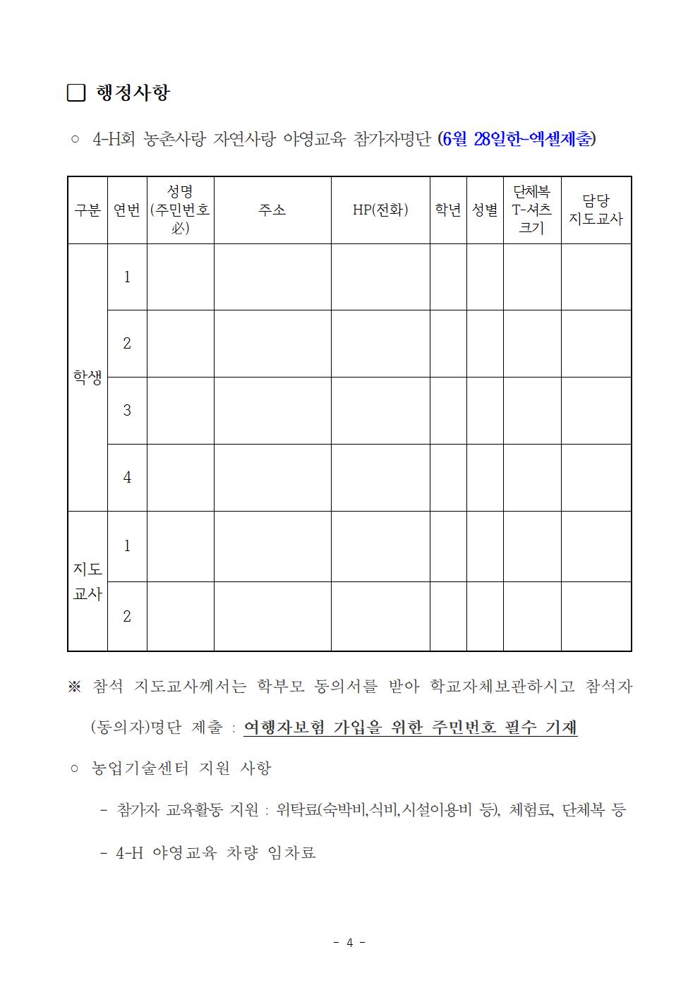 [원평중학교-6967 (첨부) 청주시농업기술센터 지원기획과] 2022 4-H회 농촌사랑 자연사랑 야영교육 계획004