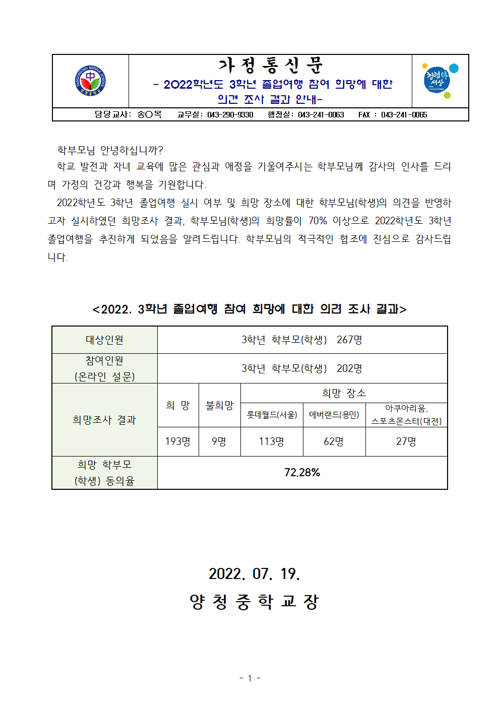 가정통신문(2022. 3학년 졸업여행 참여 희망조사 결과 안내)001